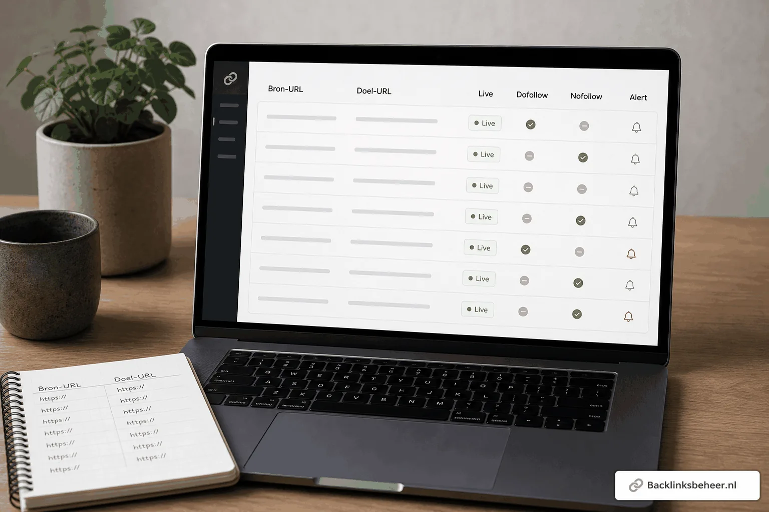 Backlinksbeheer dashboard met bron-URL doel-URL live status en linktype